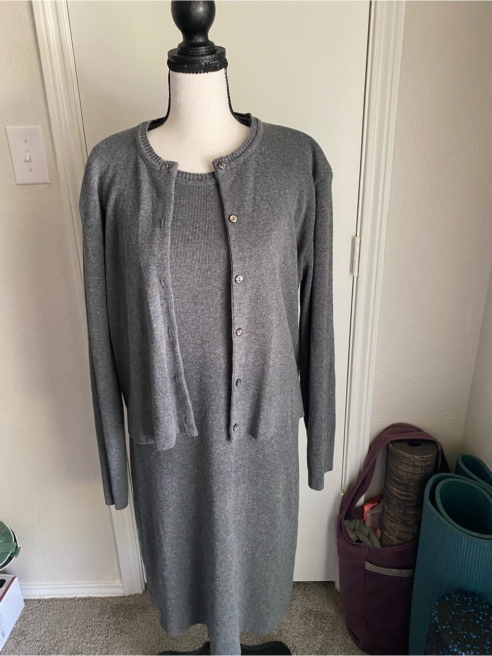Gray Ribbed Knit Sweater Dress & Cardigan Set
